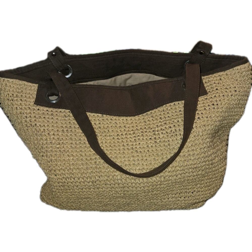 Eddie Bauer Straw Raffia Tote Bag Tan Zip Top Beach Vacation